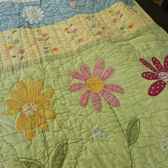 Vtg Pottery Barn Kids Discontinued Green Daisy Garden Full Quilt And 2 Sham Set - Picture 6 of 12